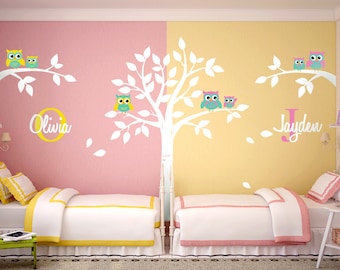 Owls Wall Decal, Owls Tree Wall Decal, Twins Nursery Wall Decal, Tree with Owls Wall Sticker, Personalized Name and Initial Wall Decal