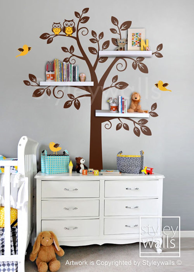 Owls Tree Wall Decal, Shelves Tree Wall Decal Nursery Decal Wall Sticker, Shelving Tree and Owls Wall Decal, Owls Tree Decal Sticker image 2