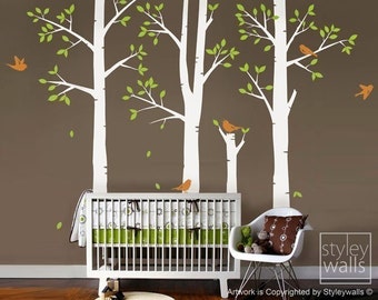 Trees and Birds Nursery Wall Decal, Birch Trees Wall Decal, Winter Trees Wall Decal Sticker, Forest Trees Sticker for Nursery Baby Kids Room