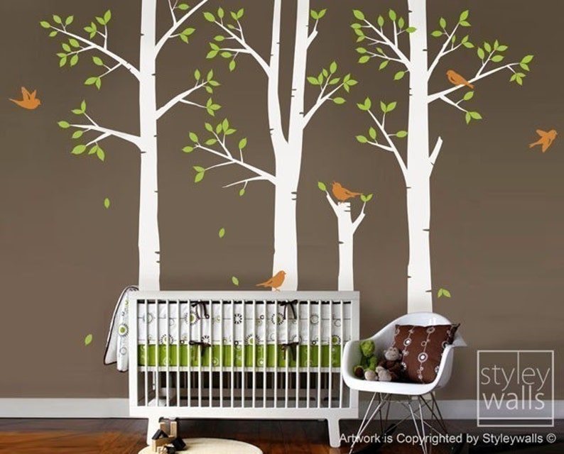 Trees and Birds Nursery Wall Decal Birch Trees Wall Decal Etsy