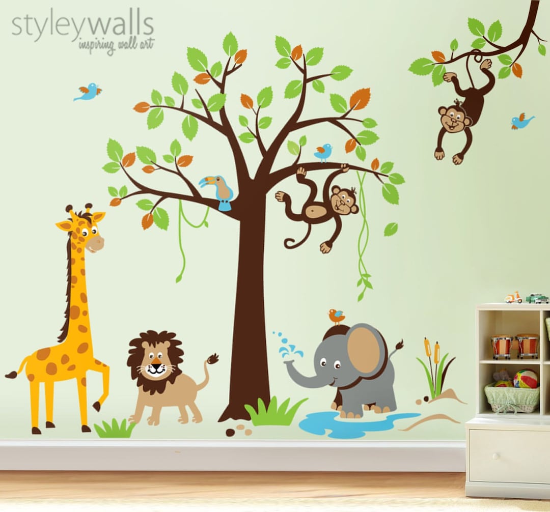 Safari Jungle Animals Wall Decal, Safari Tree Set Wall Decal Sticker ...