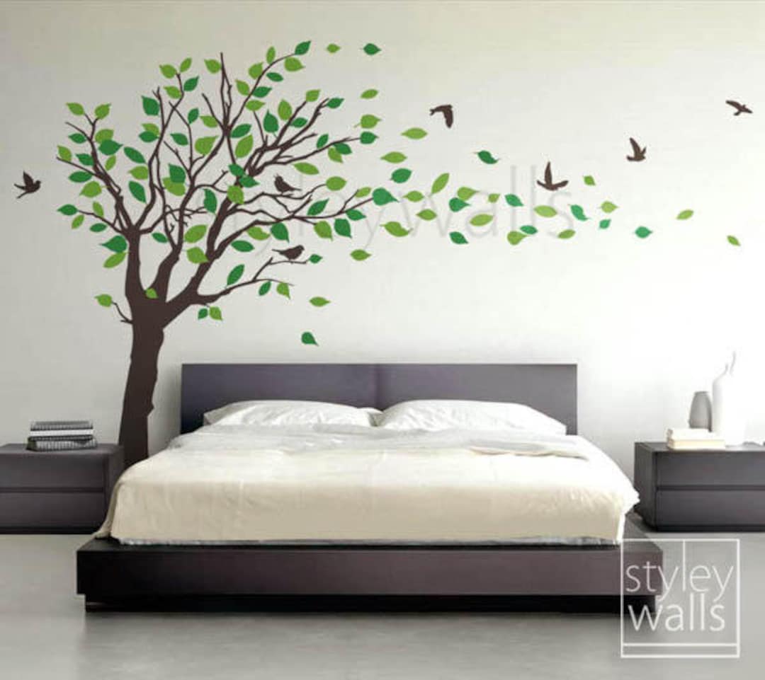 Tree Decal Wall Sticker Tree With Birds and Leaves Blowing in the Wind ...