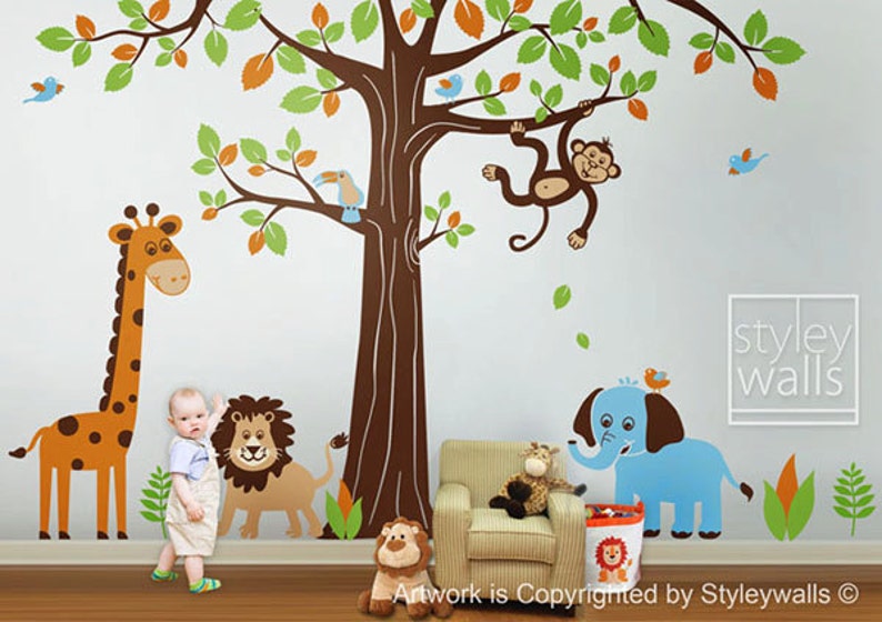 Jungle Wall Decal Safari Animals Wall Decal HUGE Set Tree Wall Decal Lion Elephant Monkey Giraffe Nursery Kids Decal Sticker Baby Room Art