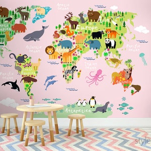 World Map Wall Mural, Kids Map Wallpaper Pink Background, Word Map with Animals Wallpaper,  Kids Nursery Decor Mural, Fabric Peel and Stick