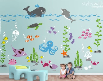 Underwater Wall Decal, Ocean Wall Decal, Aquarium Wall Decal, Sea life Creatures Wall Decal, Fishes Wall Decal, Nursery Playroom Wall Decals