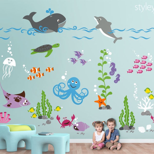 Underwater Wall Decal, Ocean Wall Decal, Aquarium Wall Decal, Sea life Creatures Wall Decal, Fishes Wall Decal, Nursery Playroom Wall Decals