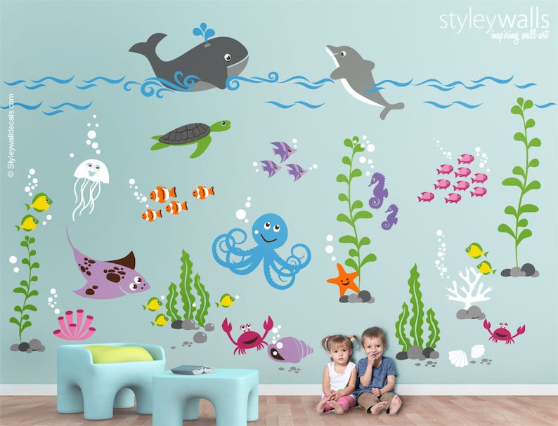 Underwater Wall Decal Ocean Aquarium Sea Life Creatures Fishes Nursery Playroom Decals