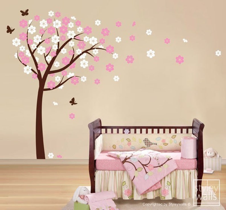 Cherry Blossom Wall decal, Blooming Cherry Tree Wall Sticker, Butterflies Flower Tree Vinyl Wall Decal Kids Nursery, Cherry Tree Sticker image 3