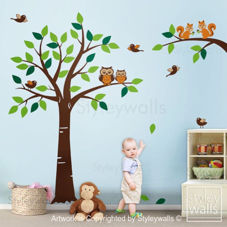 Forest Animals Tree Wall Decal Woodland Wall Decal, Squirrels Owl and Birds Animals Wall decal Nursery Decal Baby Room Kids Children image 2