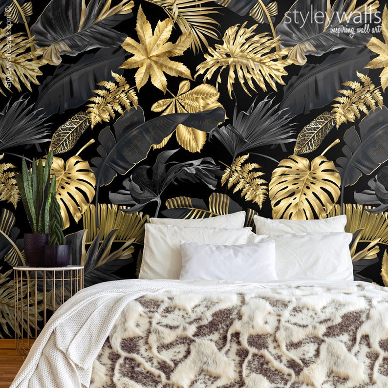 Gold Tropical Leaves Wallpaper Botanical Tropic Leaves - Etsy