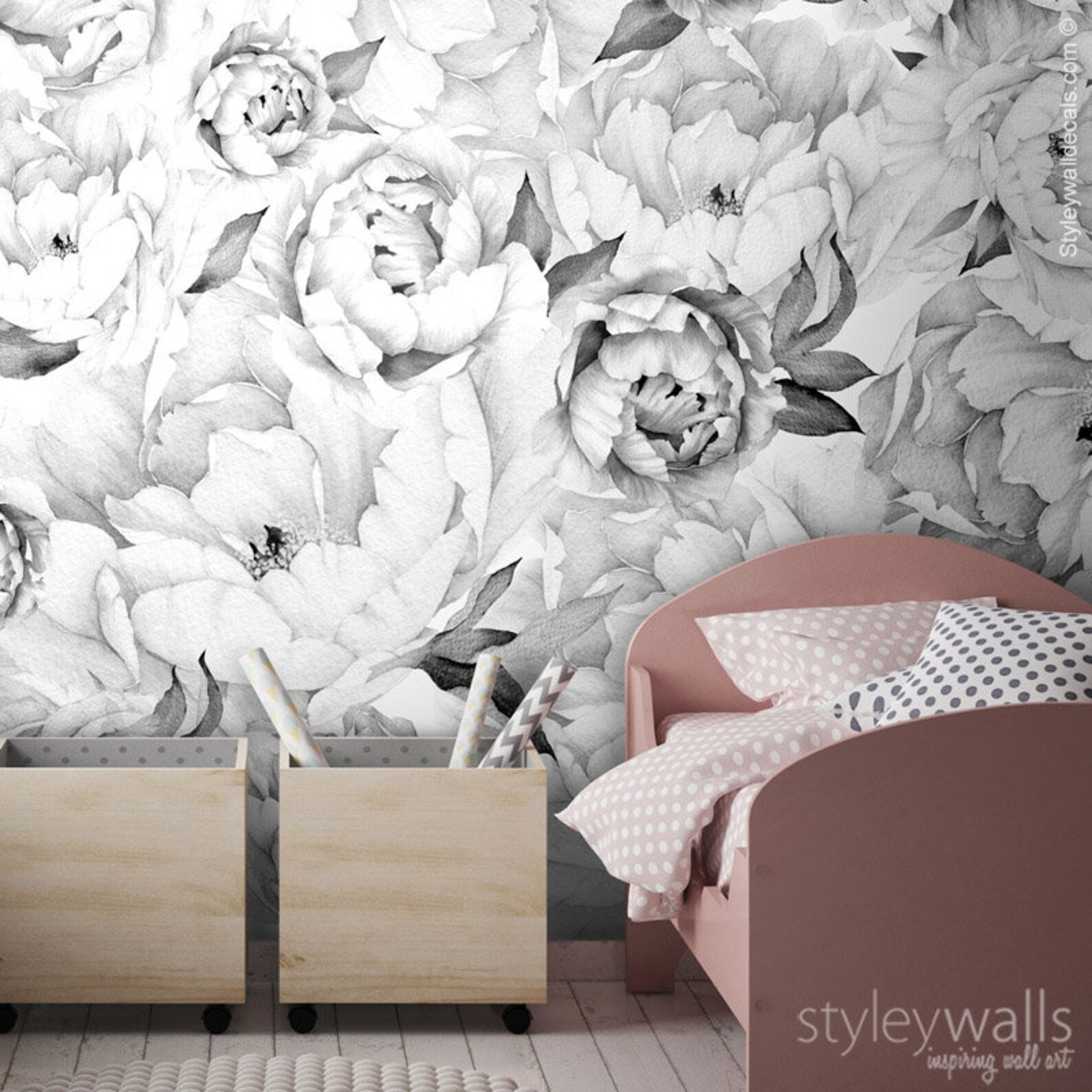 Peony Wallpaper, Peony Wall Mural, Peonies Floral Wallpaper, Black and White Watercolor Flowers