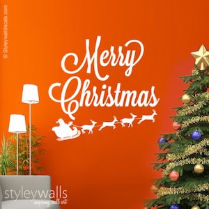 Merry Christmas Wall Decal, Santa and Rain Deer Wall Decal, Reindeer and Santa on Sleigh Wall Decal, Christmas Decorations Wall Sticker