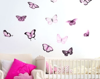 Aquarel vlinders muur sticker, roze en zwarte vlinders muur sticker, Boho kwekerij vlinders, vlinders meisjes kamer muur stickers