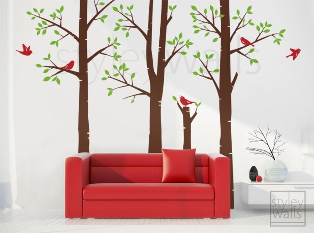 Birch Trees Wall Decal, Forest Trees Wall Decal, Winter Trees and Birds ...