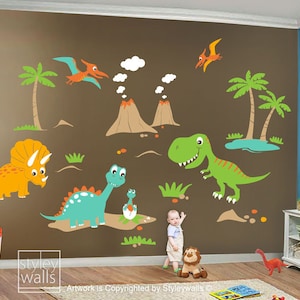 Children Wall Decals Dino Land Dinosaurs Wall decal Wall Sticker HUGE Set - Nursery Kids Playroom Vinyl Wall Decal Sticker Baby Room Art