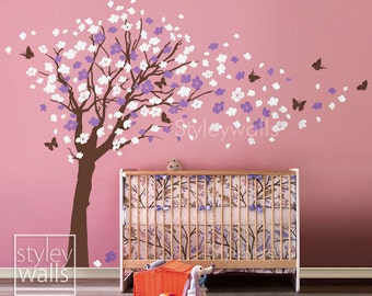 Flower Tree Wall Decal Tree and Butterflies in the Wind Wall Decal- Extra Large Size Cherry Blossom Decal Nursery Kids Children Wall Decal