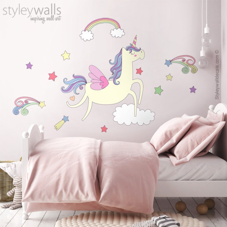 Unicorn Wall Decal Unicorn Wall Sticker Rainbow Clouds Wall Etsy