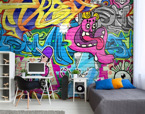 グラフィティ　アート　インテリア　絵　絵画　graffiti art 十代の部屋のグラフィティ壁画、抽象的な壁画、グラフィティ壁アート