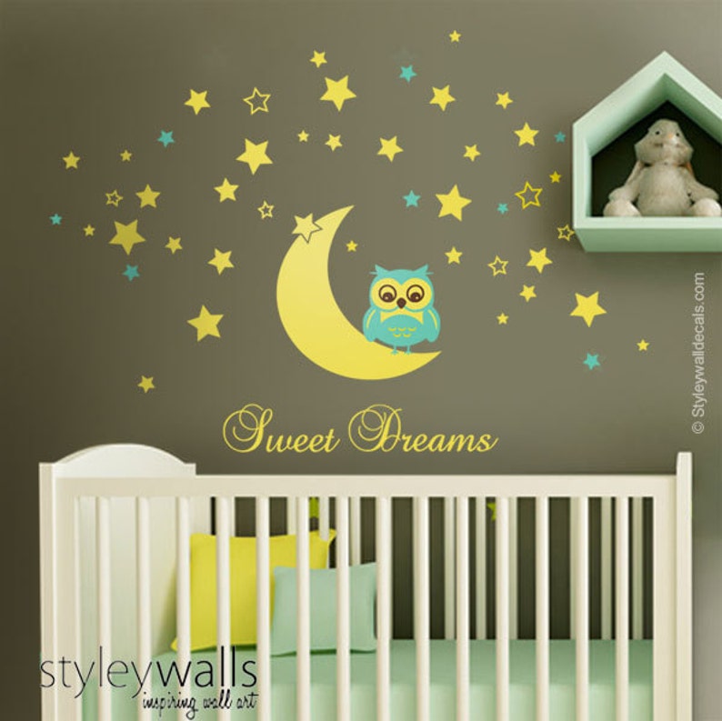 Owl Wall Decal Owl Moon and Stars Wall Decal Sweet Dreams Etsy