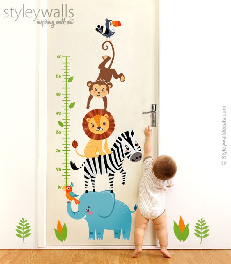 Jungle Animals Wall Decal Growth Chart Safari Sticker Lion Elephant Monkey Zebra Kids Room Decor