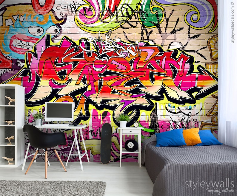 Graffiti Mural, Abstract Mural, Graffiti Wall Art, Graffiti Wallpaper Mural, Teenage Room Decor, Repositionable Removable Fabric image 1