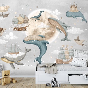 Whales Wallpaper for Kids Room, Sailing Ships with Whales Wallpaper, Moon Stars Night Peel and Stick Wallpaper, Nautical Fabric Mural