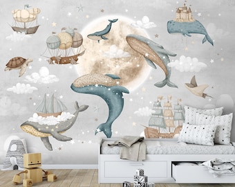 Whales Wallpaper for Kids Room, Sailing Ships with Whales Wallpaper, Moon Stars Night Peel and Stick Wallpaper, Nautical Fabric Mural