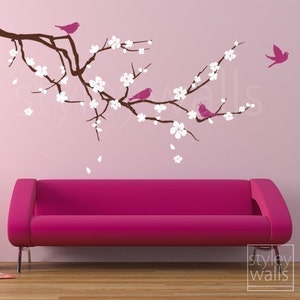 Cherry Blossom Branch and Birds Wall Decal, Cherry Branch Wall Decal Sticker, Cherry BlossomTree Wall Decal for Nursery Home Decor image 3