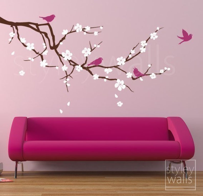 Cherry Blossom Branch and Birds Wall Decal, Cherry Branch Wall Decal Sticker, Cherry BlossomTree Wall Decal for Nursery Home Decor image 3