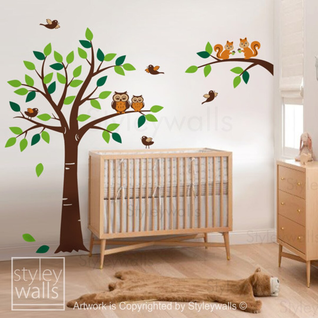 Forest Animals Tree Wall Decal Woodland Wall Decal, Squirrels Owl and Birds Animals Wall Decal