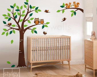 Forest Animals Tree Wall Decal Woodland Wall Decal, Squirrels Owl and Birds Animals Wall decal Nursery Decal Baby Room Kids Children