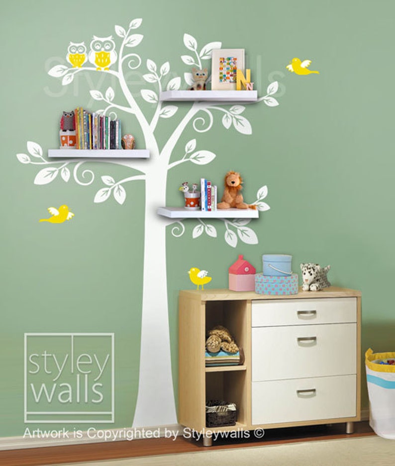 Owls Tree Wall Decal, Shelves Tree Wall Decal Nursery Decal Wall Sticker, Shelving Tree and Owls Wall Decal, Owls Tree Decal Sticker image 3