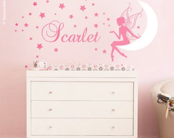 Fairy Wall Decal Baby Girl Room Nursery Sticker Personalized Name Wall Decor Stars Wall Decal Moon Wall Decal Fairy Wall Sticker