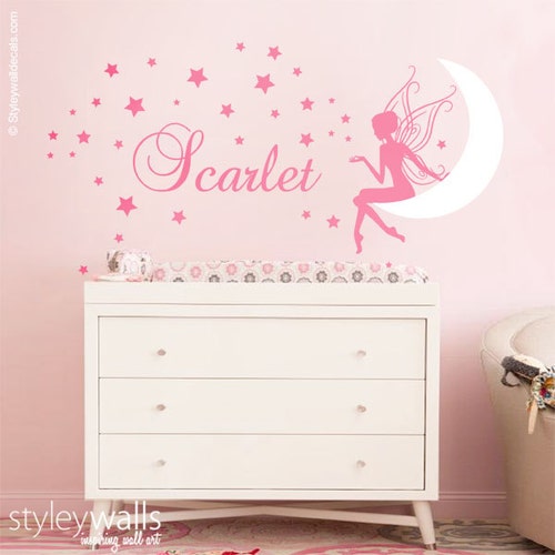Fairy Wall Decal Baby Girl Room Nursery Sticker Personalized Name Wall Decor Stars Wall Decal Moon Wall Decal Fairy Wall Sticker