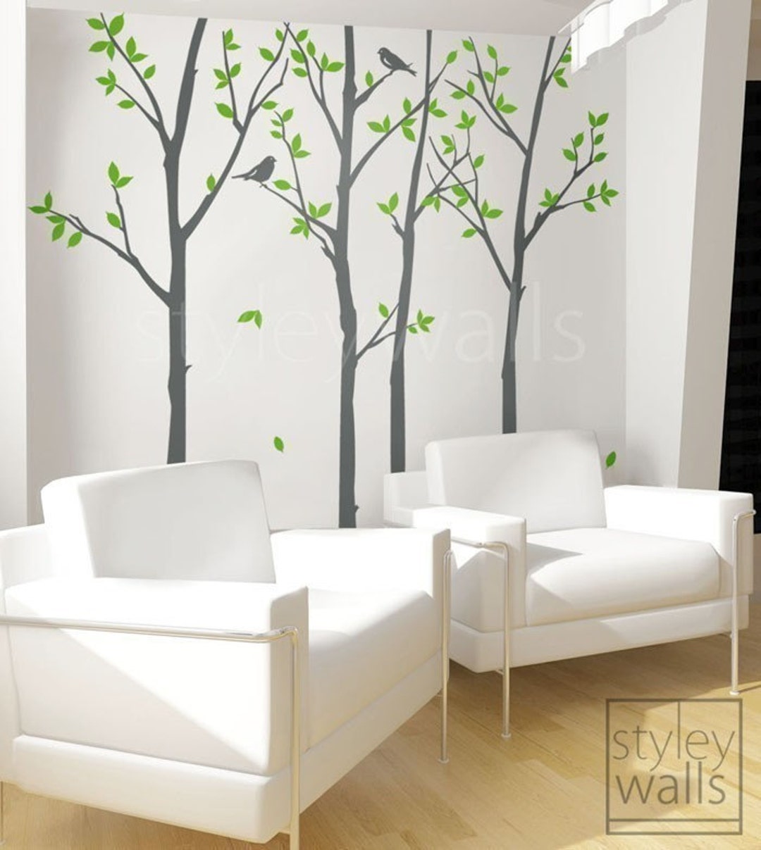 Tree Wall Decal, Forest Trees and Birds Wall Decal, Birds Trees Decal ...