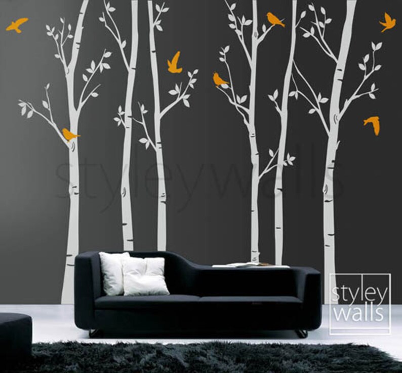 Tree wall decals Winter trees decal Birds nature Forest Trees with Birds Home Decor Set of 6 Vinyl Wall Decal Nursery Baby children Sticker image 3