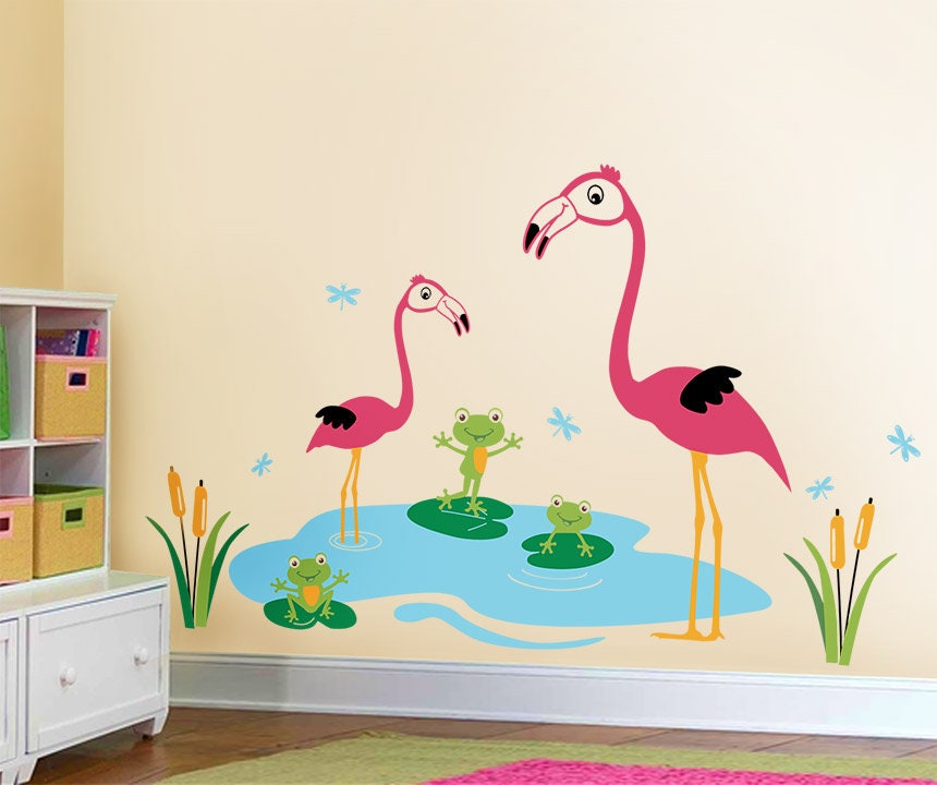 Flamingos Wall Decal Flamingos Frogs and Dragonflies Wall Etsy
