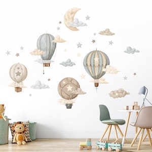 Hot Air Balloons Wall Decal, Watercolor Air Balloons Sticker for Nursery, Vintage Air Balloons Decal, Moon and Stars Peel and Stick Stickers image 3