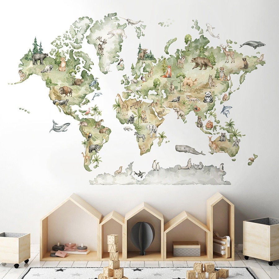 World Map Wall Decal, Animals World Map Wall Sticker for Kids Room ...