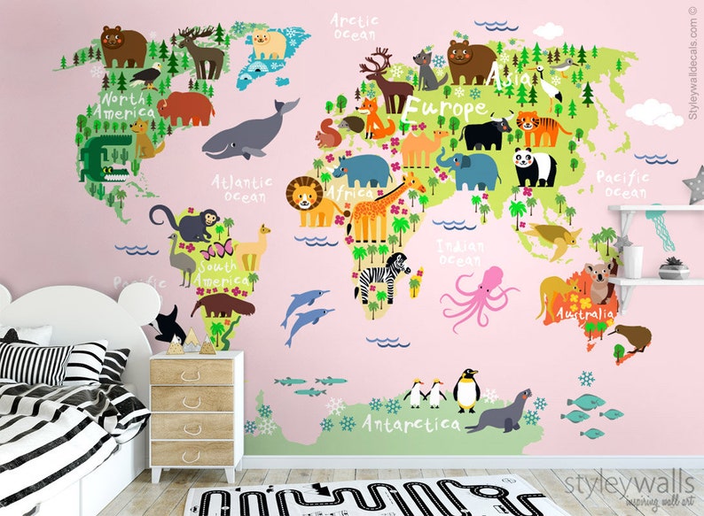 World Map Wall Mural, Kids Map Wallpaper Pink Background, Word Map With ...