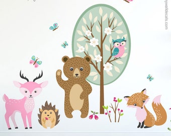 Forest Animals Wall Decal, Woodland Animals Sticker, Woodland Critters Girls Room Decor, Woodland Nursery Wal Decor, Bear Deer Bunny Fox