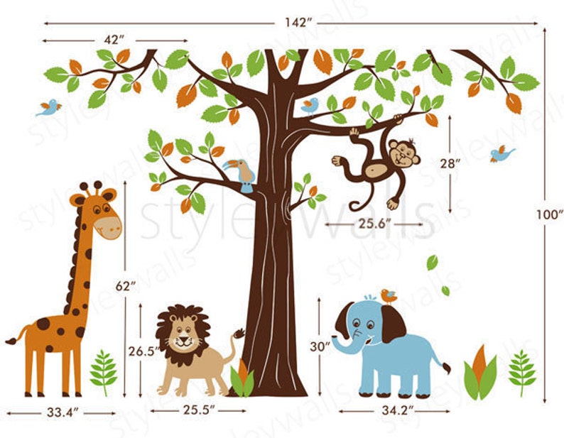 Jungle Wall Decal Safari Animals Wall Decal HUGE Set Tree Wall Decal Lion Elephant Monkey Giraffe Nursery Kids Decal Sticker Baby Room Art