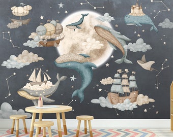 Whales Mural for Kids Room, Nautical Sailing Ships Wallpaper for Children, Moon and Stars Peel and Stick Wallpaper, Night Sky Fabric Mural