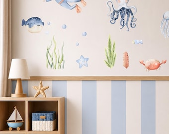 Under the Sea Nursery Wall Decor Bundle, Peel & Stick Wall Stripes, Chair Rail Molding, Under the Sea Wall Decals, DIY Kids Room Kit