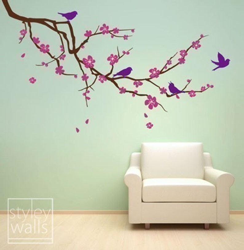 Cherry Blossom Branch and Birds Wall Decal, Cherry Branch Wall Decal Sticker, Cherry BlossomTree Wall Decal for Nursery Home Decor image 2