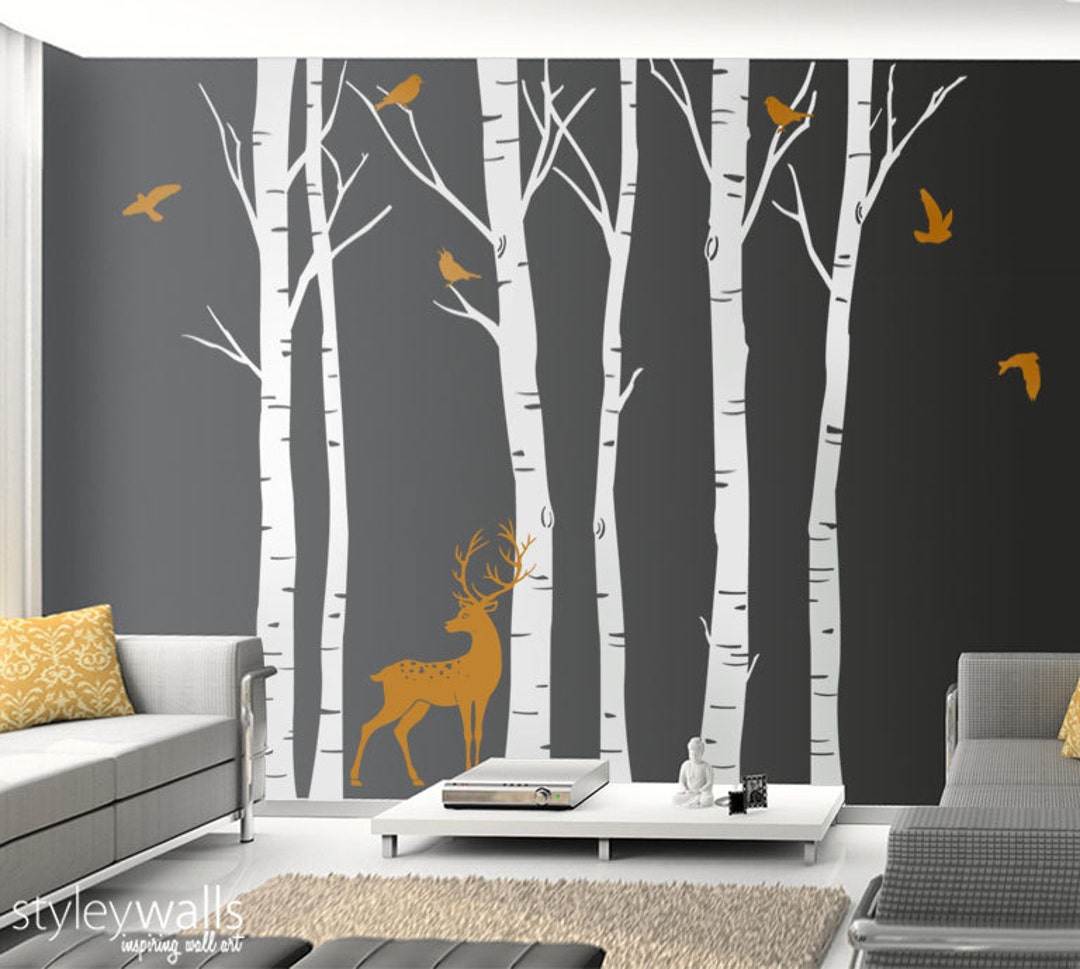 Birch Trees Wall Decal Winter Trees Wall Decal Deer Wall Decal Birds in ...