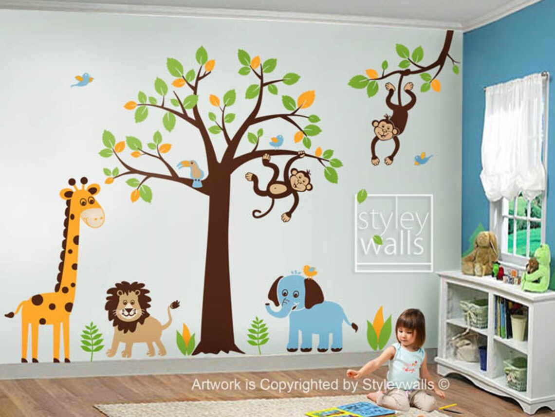 Children Wall Decal Safari Tree Decal Jungle Animals Decal Etsy
