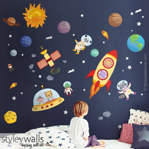 Space Wall Decal Wall Decal Sticker Spaceship Wall Etsy