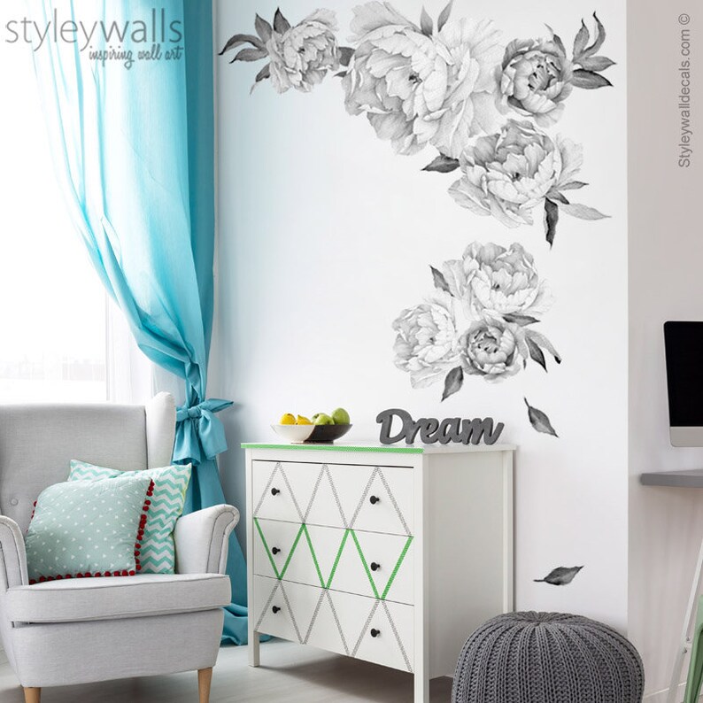 Peony Flowers Wall Decal Black and White Watercolor Peonies Etsy