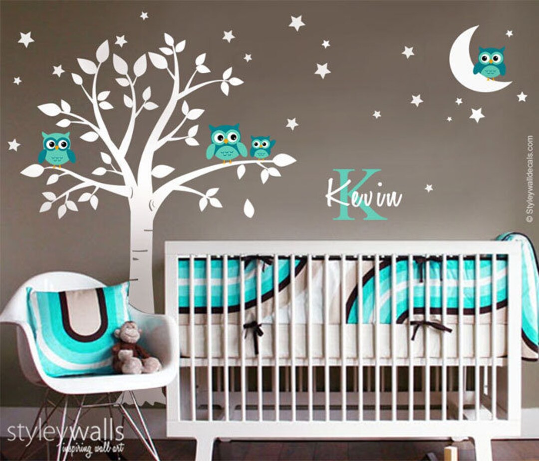 Owls Tree Wall Decal, Owls Wall Decal Moon and Stars, Owls Personalized ...